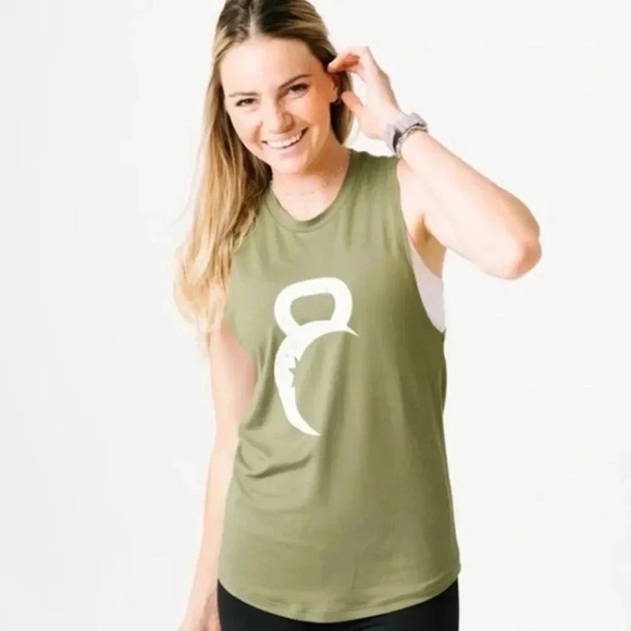 ZYIA Tops - ZYIA, Olive Green Kettle Moon Graphic Active Workout Tank Top, Size Large